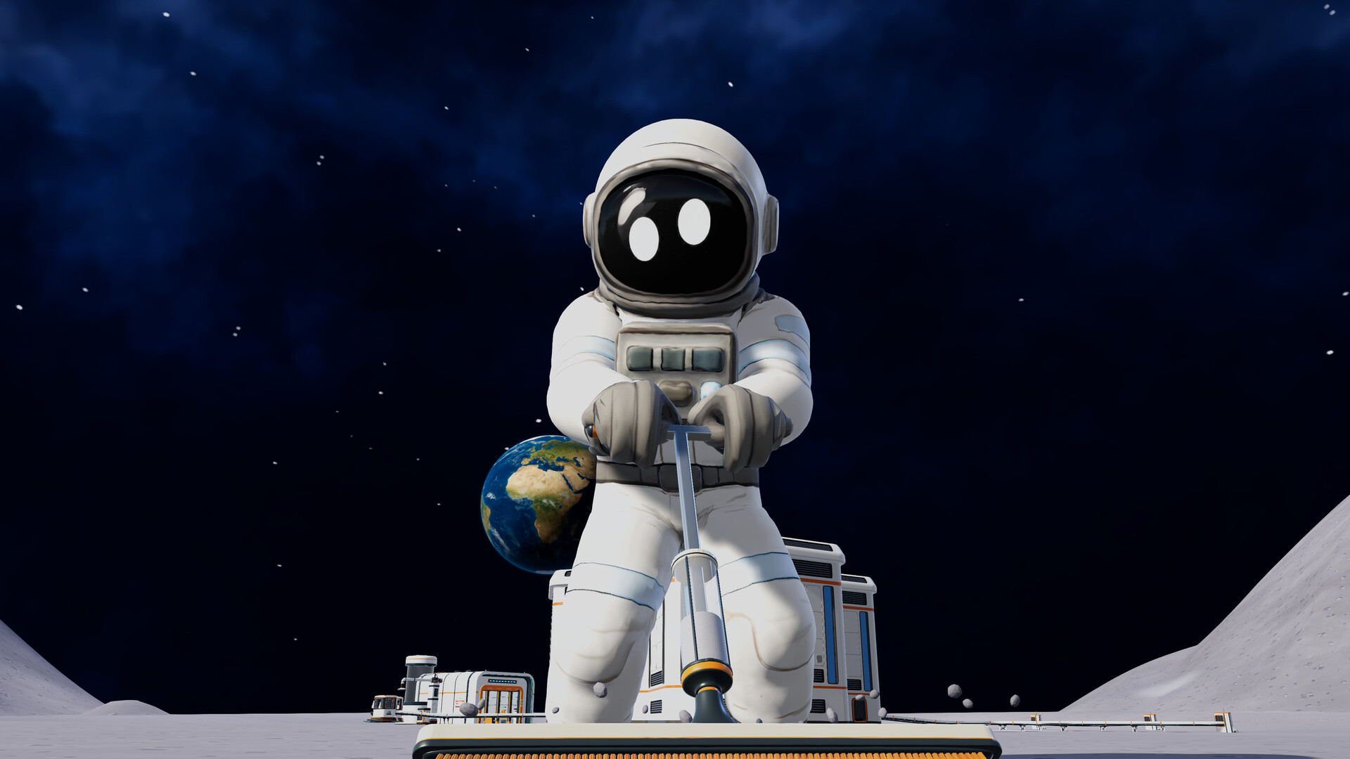 An astronaut holding a sweeping tool on the Moon, with Earth and a lunar base behind.